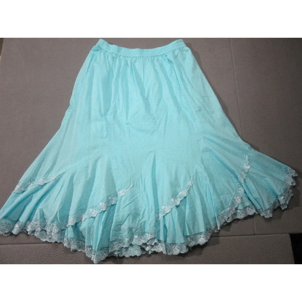 Denim 24/7 Midi Skirt Womens 18W Aqua Blue Swiss Dot Lace Trim Boho Western